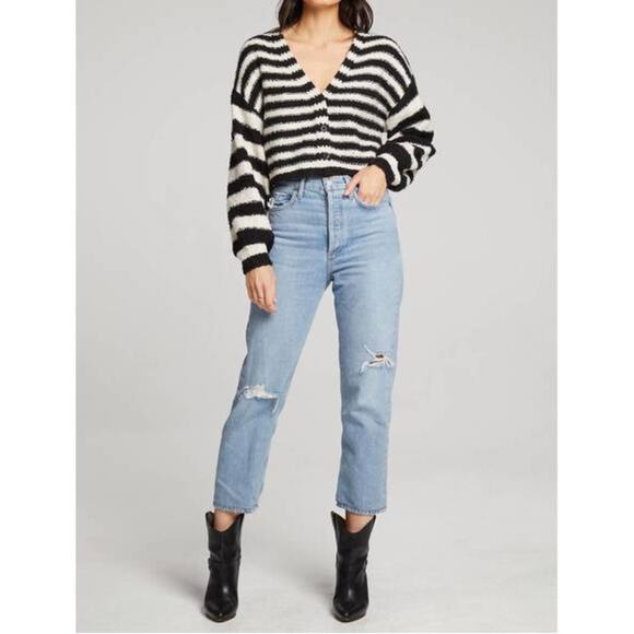 SALTWATER LUXE BRETON SCOUT BUTTON FRONT CARDIGAN SWEATER M BRITON STRIPE - Picture 6 of 11